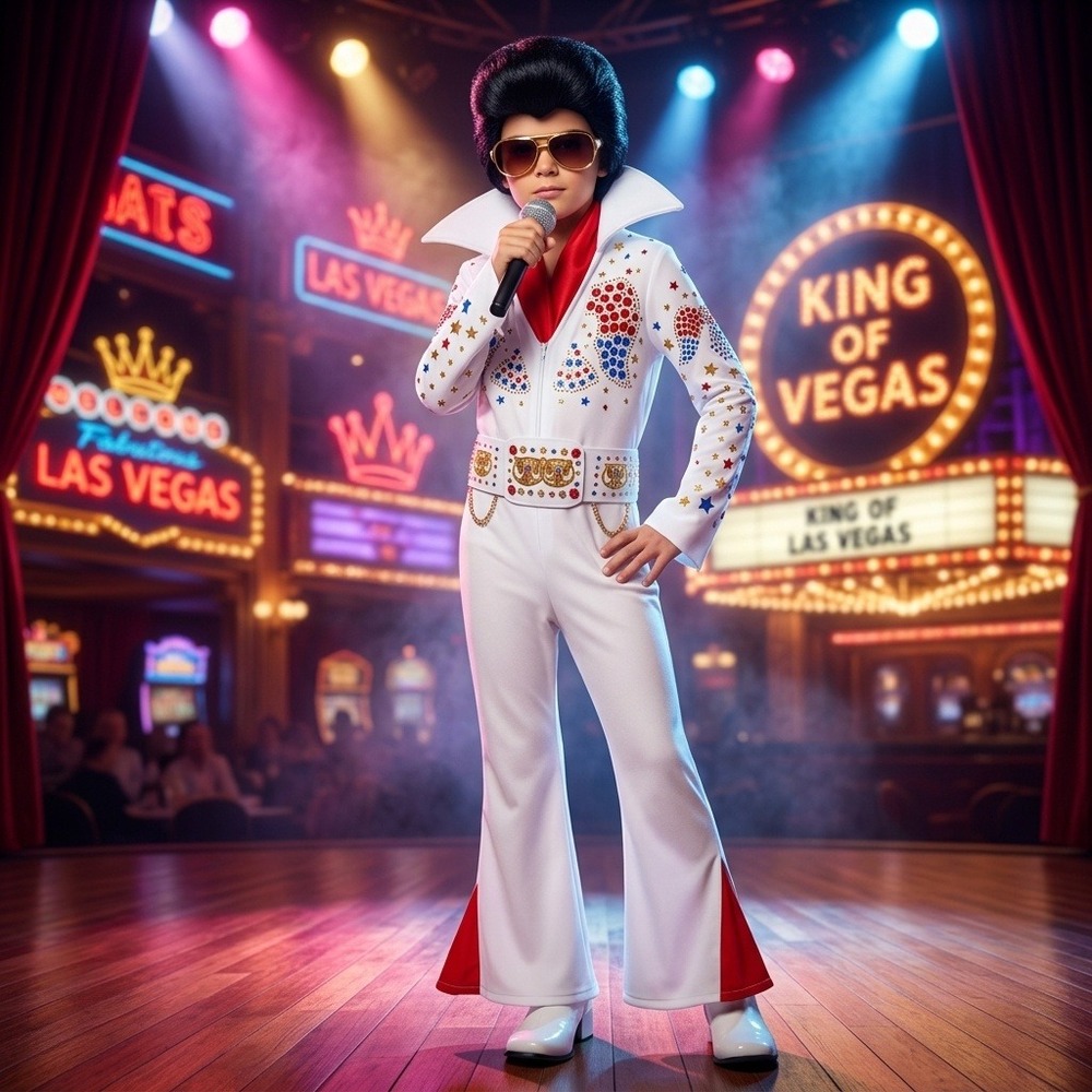 King of Vegas Elvis Costume Kids Medium White Jumpsuit Belt Scarf 3pc Set